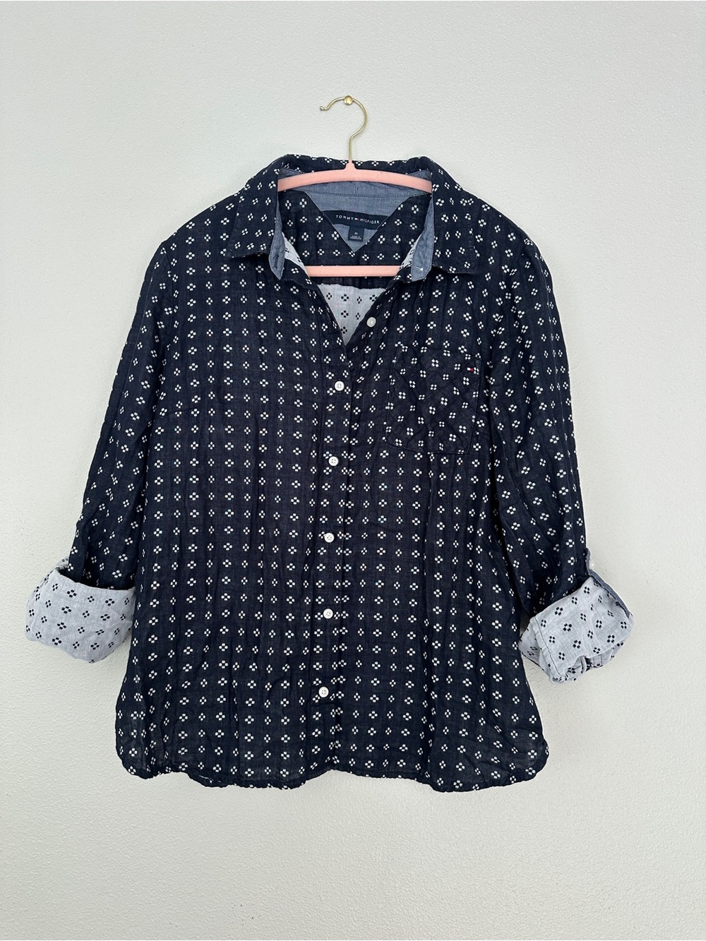 Tommy Hilfiger Navy Double Cloth Embroidered Dobby Shirt Roll Tab Medium